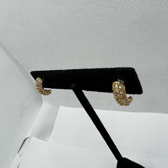 Vintage Monet Rhinestone Studded Gold Hoop Earrings - Picture 9 of 9